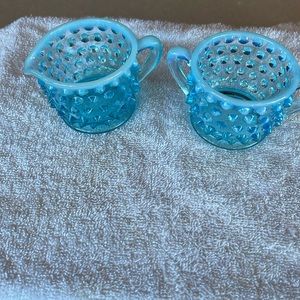Vintage Fenton Blue Opalescent Hobnail Small Creamer & Sugar Set